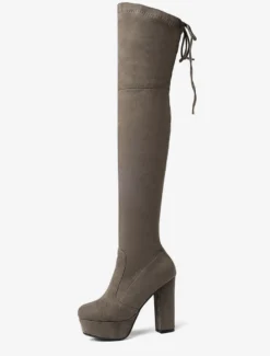 Plate-forme cuissardes femmes tissu élastique à lacets bout en amande talon épais sur les bottes au genou