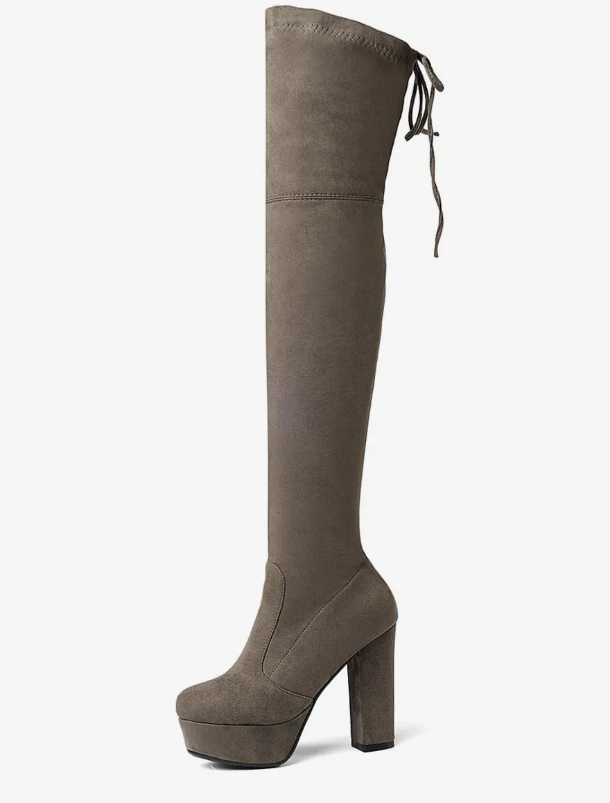 Plate-forme cuissardes femmes tissu élastique à lacets bout en amande talon épais sur les bottes au genou