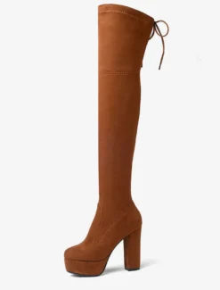 Plate-forme cuissardes femmes tissu élastique à lacets bout en amande talon épais sur les bottes au genou