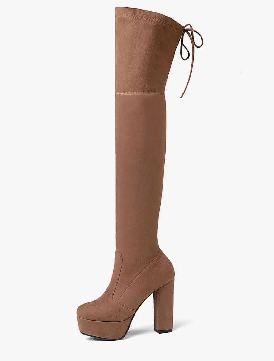 Plate-forme cuissardes femmes tissu élastique à lacets bout en amande talon épais sur les bottes au genou