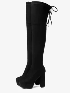 Plate-forme cuissardes femmes tissu élastique à lacets bout en amande talon épais sur les bottes au genou