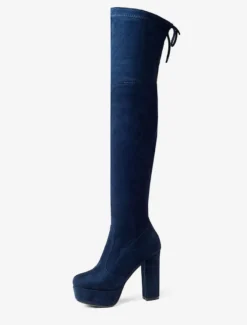 Plate-forme cuissardes femmes tissu élastique à lacets bout en amande talon épais sur les bottes au genou