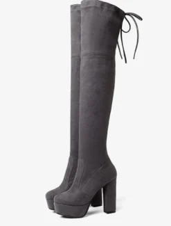 Plate-forme cuissardes femmes tissu élastique à lacets bout en amande talon épais sur les bottes au genou