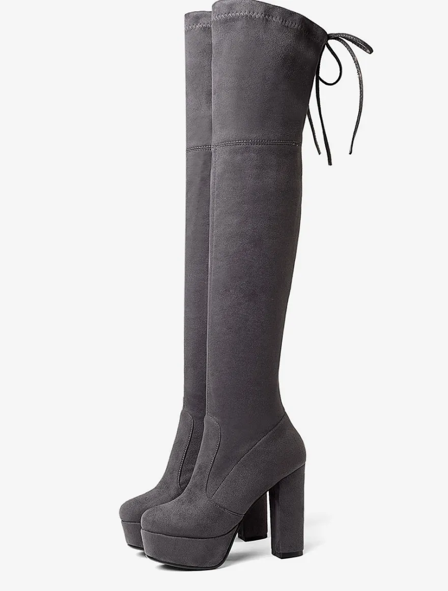 Plate-forme cuissardes femmes tissu élastique à lacets bout en amande talon épais sur les bottes au genou