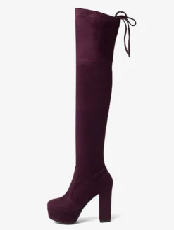 Plate-forme cuissardes femmes tissu élastique à lacets bout en amande talon épais sur les bottes au genou