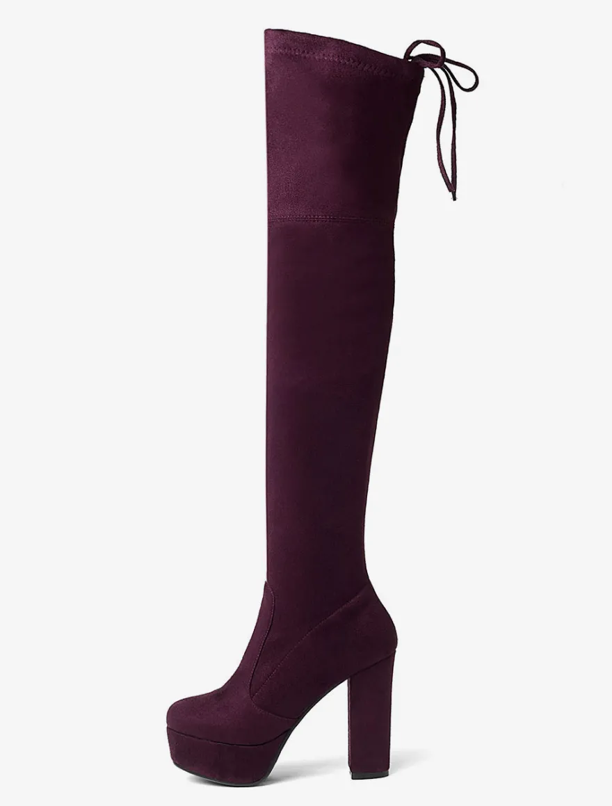 Plate-forme cuissardes femmes tissu élastique à lacets bout en amande talon épais sur les bottes au genou