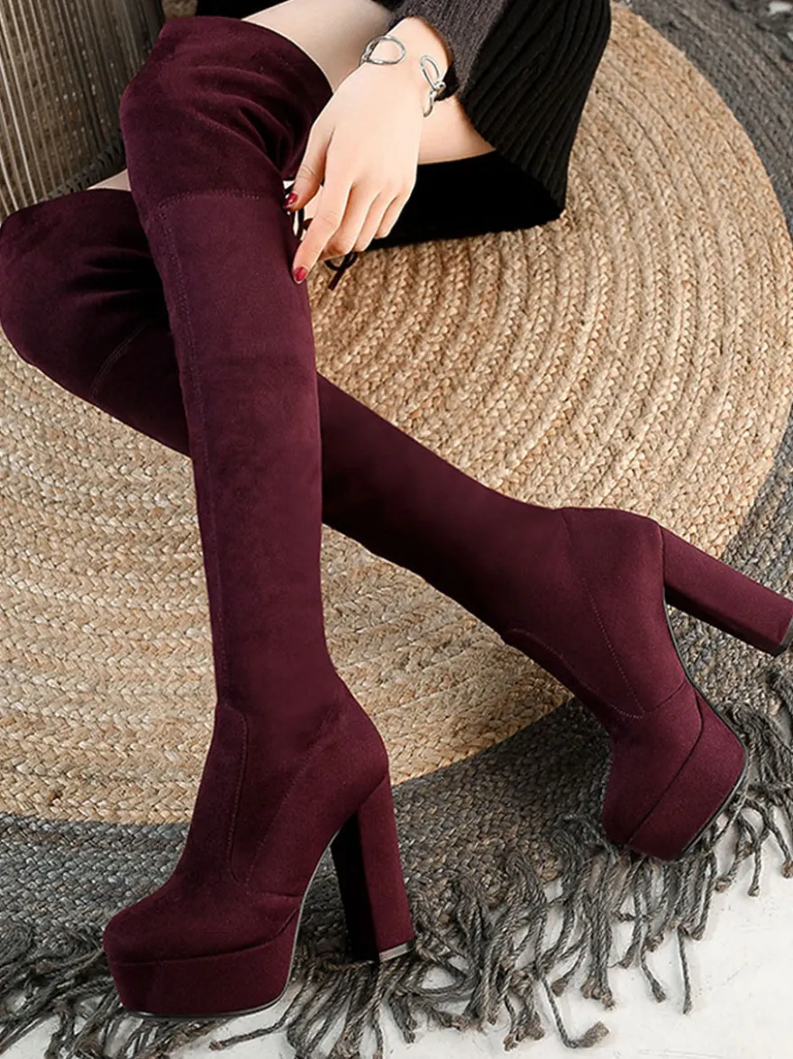 Plate-forme cuissardes femmes tissu élastique à lacets bout en amande talon épais sur les bottes au genou