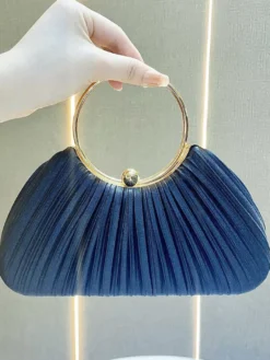 Pochette de soirée élégante en satin plissé forme coquillage anse en métal