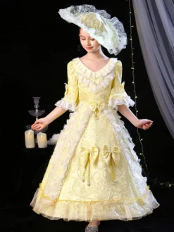 Polyester Fiber Tea Party Bows Manches 3/4 Polyester Combinaison ROCOCO Style Blond Kids 'Lolita Robes
