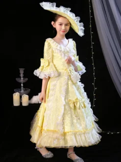 Polyester Fiber Tea Party Bows Manches 3/4 Polyester Combinaison ROCOCO Style Blond Kids 'Lolita Robes