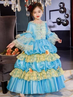 Polyester Fiber Tea Party Ruffles Manches 3/4 Robe en polyester ROCOCO Style Blue Kids 'Lolita Robes