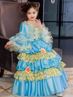 Polyester Fiber Tea Party Ruffles Manches 3/4 Robe en polyester ROCOCO Style Blue Kids 'Lolita Robes