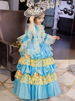 Polyester Fiber Tea Party Ruffles Manches 3/4 Robe en polyester ROCOCO Style Blue Kids 'Lolita Robes