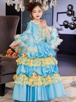 Polyester Fiber Tea Party Ruffles Manches 3/4 Robe en polyester ROCOCO Style Blue Kids 'Lolita Robes