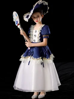 Polyester Fibre Tea Dentelle Dentelle 3/4 Longueur Manches Robe en polyester Robes Lolita Blue Gothic Blue Kids