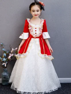 Polyester Fibre Tea Party Dentelle Manches 3/4 Polyester Combinaison ROCOCO Style Rouge Enfants 'Lolita Robes