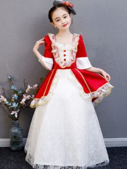 Polyester Fibre Tea Party Dentelle Manches 3/4 Polyester Combinaison ROCOCO Style Rouge Enfants 'Lolita Robes