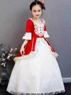 Polyester Fibre Tea Party Dentelle Manches 3/4 Polyester Combinaison ROCOCO Style Rouge Enfants 'Lolita Robes