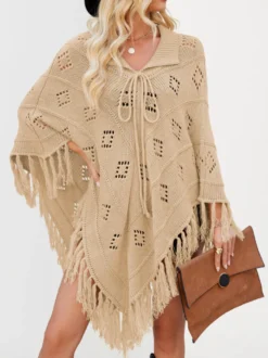 Poncho/châle/cape de plage oversize à franges et pompons en maille losange ajourée cordon de serrage cape