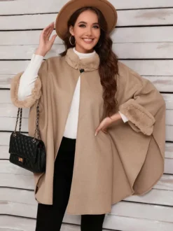 Poncho à col montant femme cape asymétrique kaki en fausse fourrure