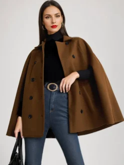 Poncho à double boutonnage en laine pour femme 2026