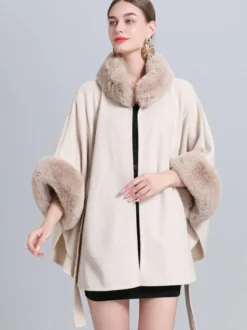 Poncho Femme Col Montant Cape Oversize Fausse Fourrure Gris Clair