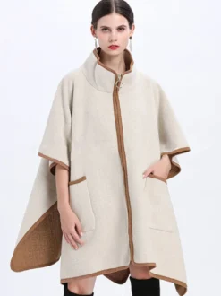 Poncho Femme Manteau Bicolore Col Montant Beige Chaud Cape