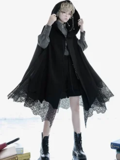 Poncho gothique Lolita en polyester noir Poncho d'hiver Lolita Cape Outwears