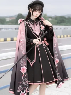 Poncho Lolita militaire Chaînes en polyester noir Brodé imprimé floral Vêtements d'extérieur Lolita