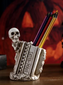 Porte-stylo en résine en forme de tête de mort pour Halloween