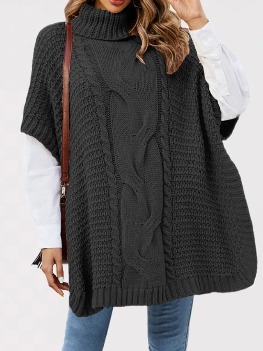 Pull ample décontracté à col montant en maille style cape sans manches en fil épais torsadé.