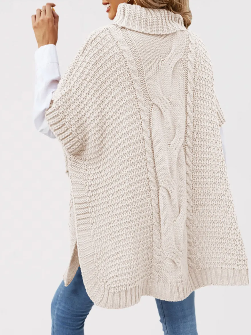 Pull ample décontracté à col montant en maille style cape sans manches en fil épais torsadé.