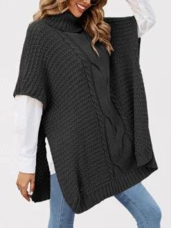 Pull ample décontracté à col montant en maille style cape sans manches en fil épais torsadé.