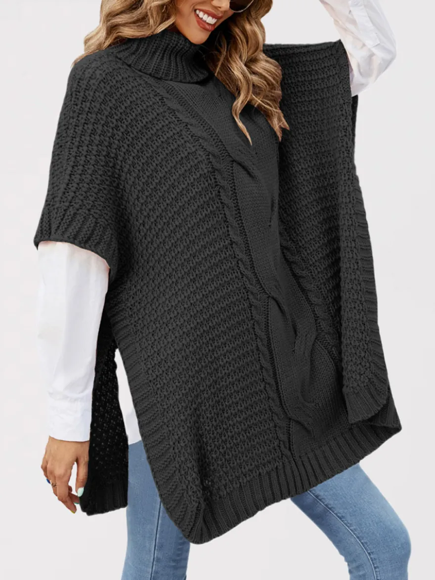 Pull ample décontracté à col montant en maille style cape sans manches en fil épais torsadé.