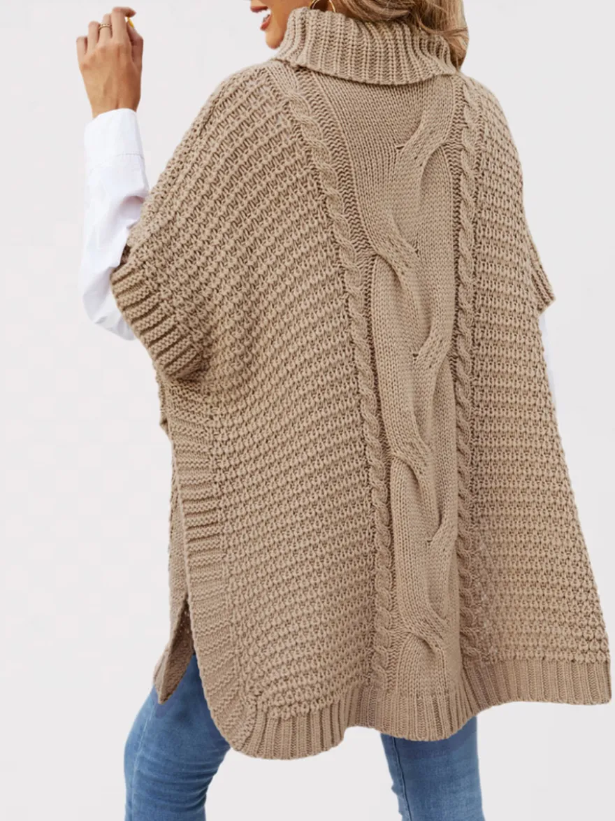 Pull ample décontracté à col montant en maille style cape sans manches en fil épais torsadé.