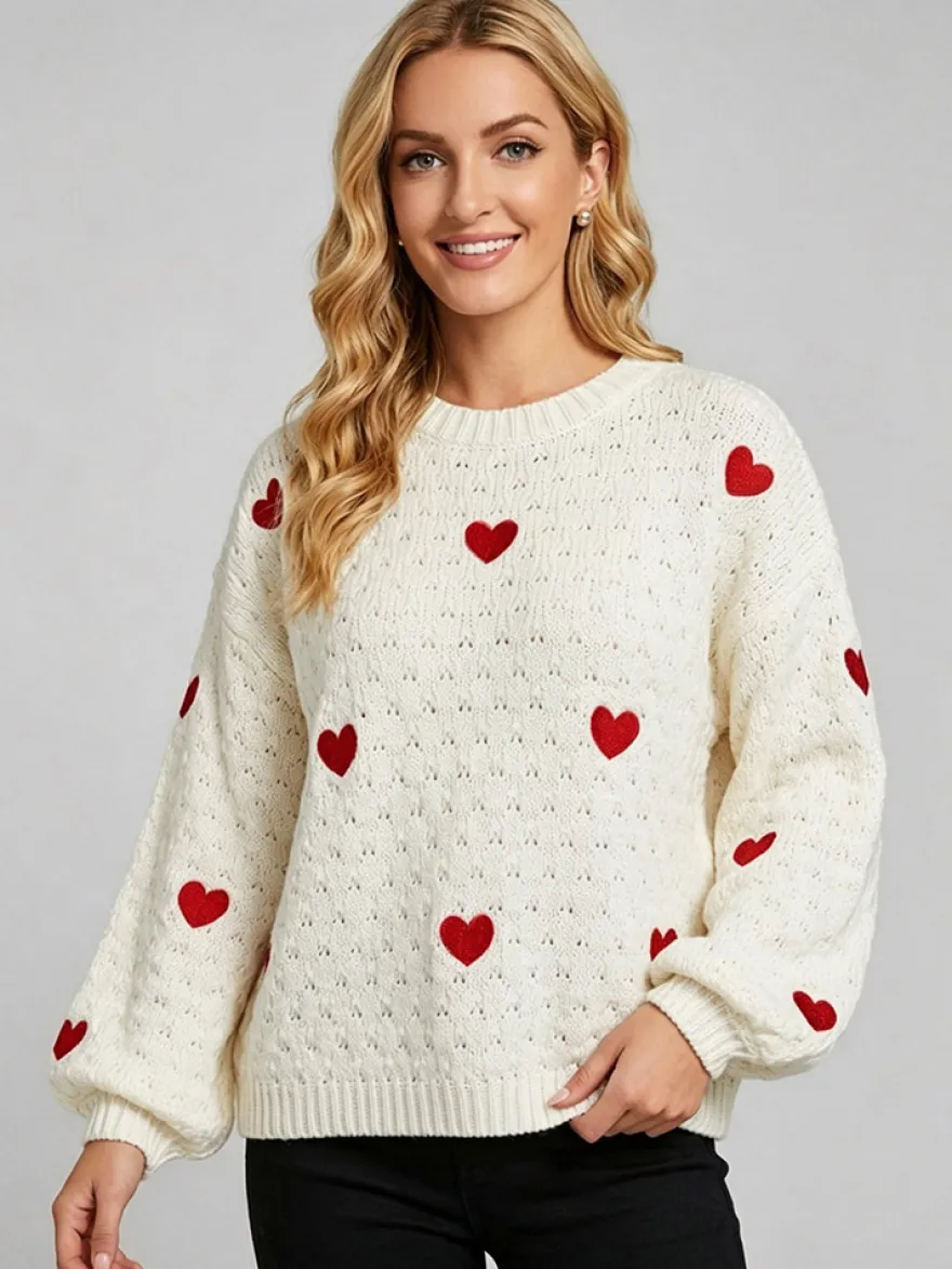 Pull à col rond en maille lâche manches longues motif jacquard à cœur style décontracté.
