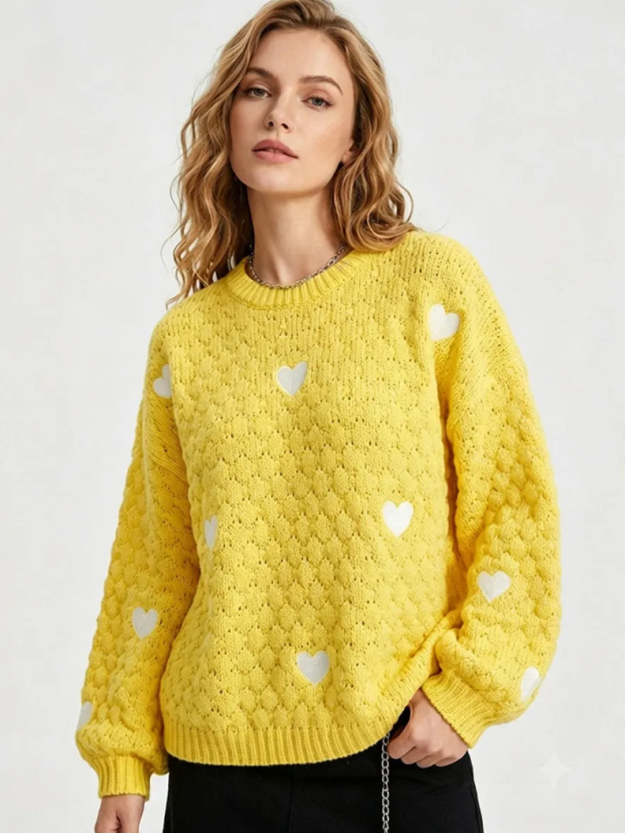 Pull à col rond en maille lâche manches longues motif jacquard à cœur style décontracté.