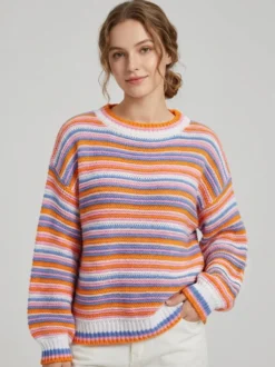 Pull court décontracté à rayures colorées et col rond manches longues style oversize pour femme