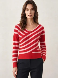 Pull court à rayures diagonales col en V manches longues coupe ajustée style décontracté pour femme