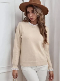 Pull en maille à col montant et bordure en dentelle manches longues couleur unie style décontracté