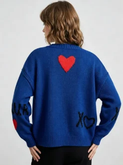 Pull en maille à col rond imprimé cœur et lettre d'amour manches longues coupe ample style décontracté haut femme