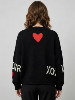 Pull en maille à col rond imprimé cœur et lettre d'amour manches longues coupe ample style décontracté haut femme