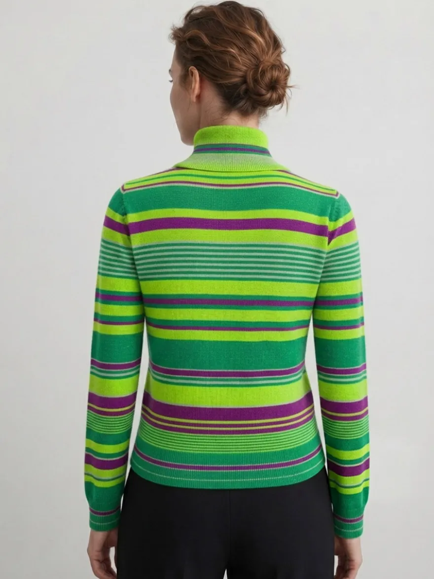 Pull en maille à col roulé rayé de couleur manches longues coupe ajustée style décontracté pour femme