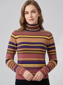 Pull en maille à col roulé rayé de couleur manches longues coupe ajustée style décontracté pour femme