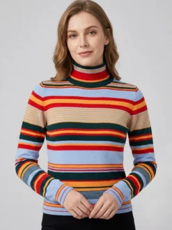 Pull en maille à col roulé rayé de couleur manches longues coupe ajustée style décontracté pour femme