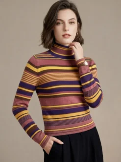Pull en maille à col roulé rayé de couleur manches longues coupe ajustée style décontracté pour femme