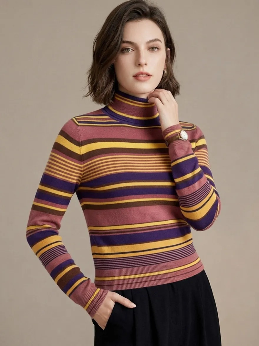 Pull en maille à col roulé rayé de couleur manches longues coupe ajustée style décontracté pour femme