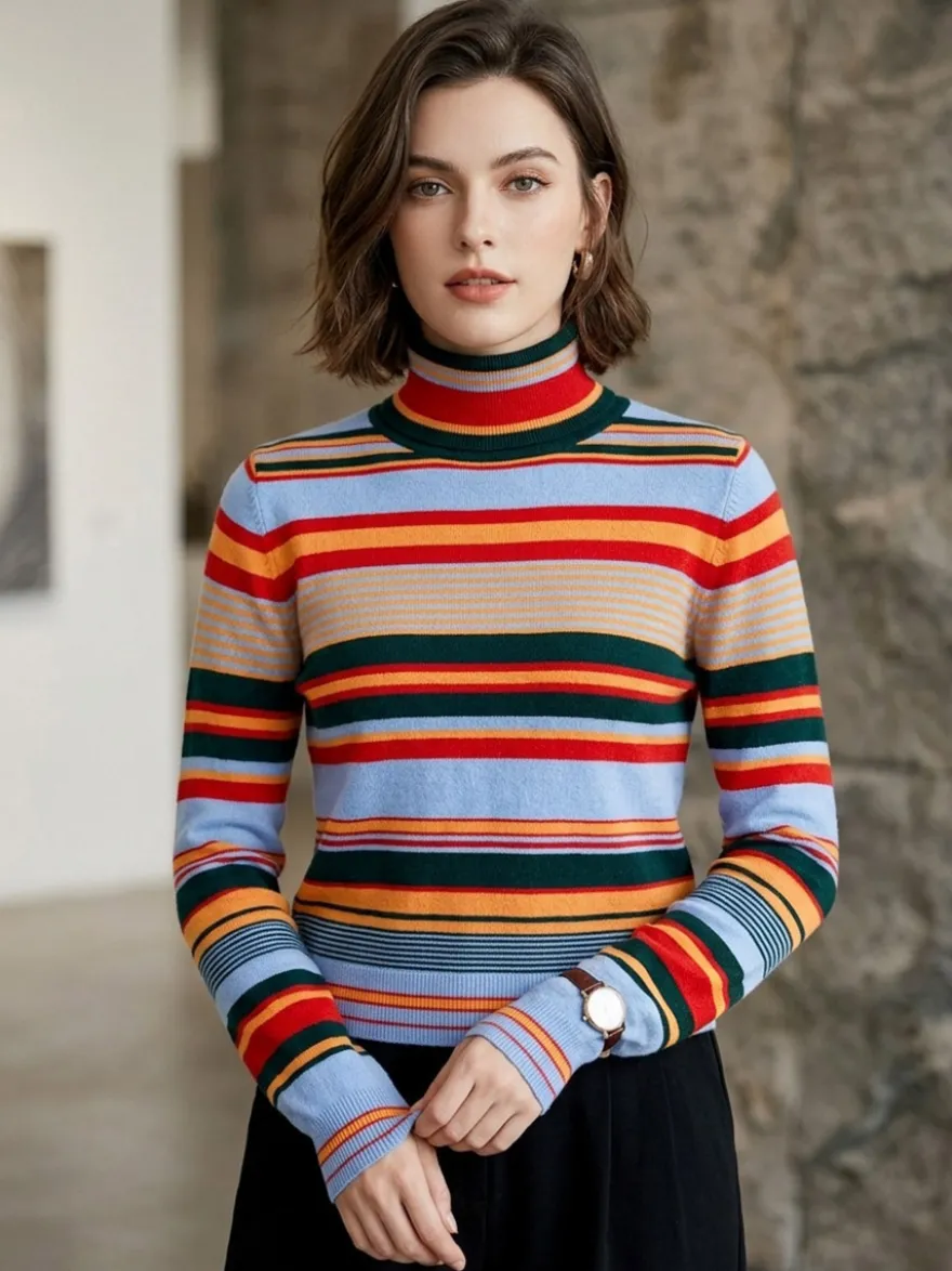 Pull en maille à col roulé rayé de couleur manches longues coupe ajustée style décontracté pour femme