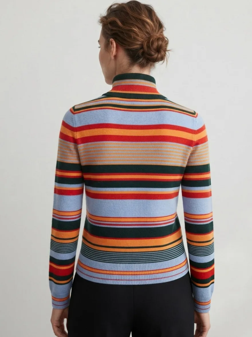 Pull en maille à col roulé rayé de couleur manches longues coupe ajustée style décontracté pour femme