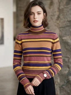 Pull en maille à col roulé rayé de couleur manches longues coupe ajustée style décontracté pour femme